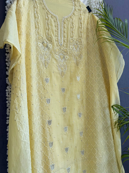 Luxurious Mul chanderi lucknowi tulip and hearts suit
