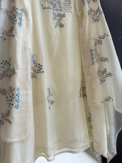 Luxurious Mul chanderi schiffili peacock suit