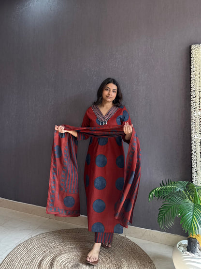 Pure cotton Ajrakh polka dots suit set