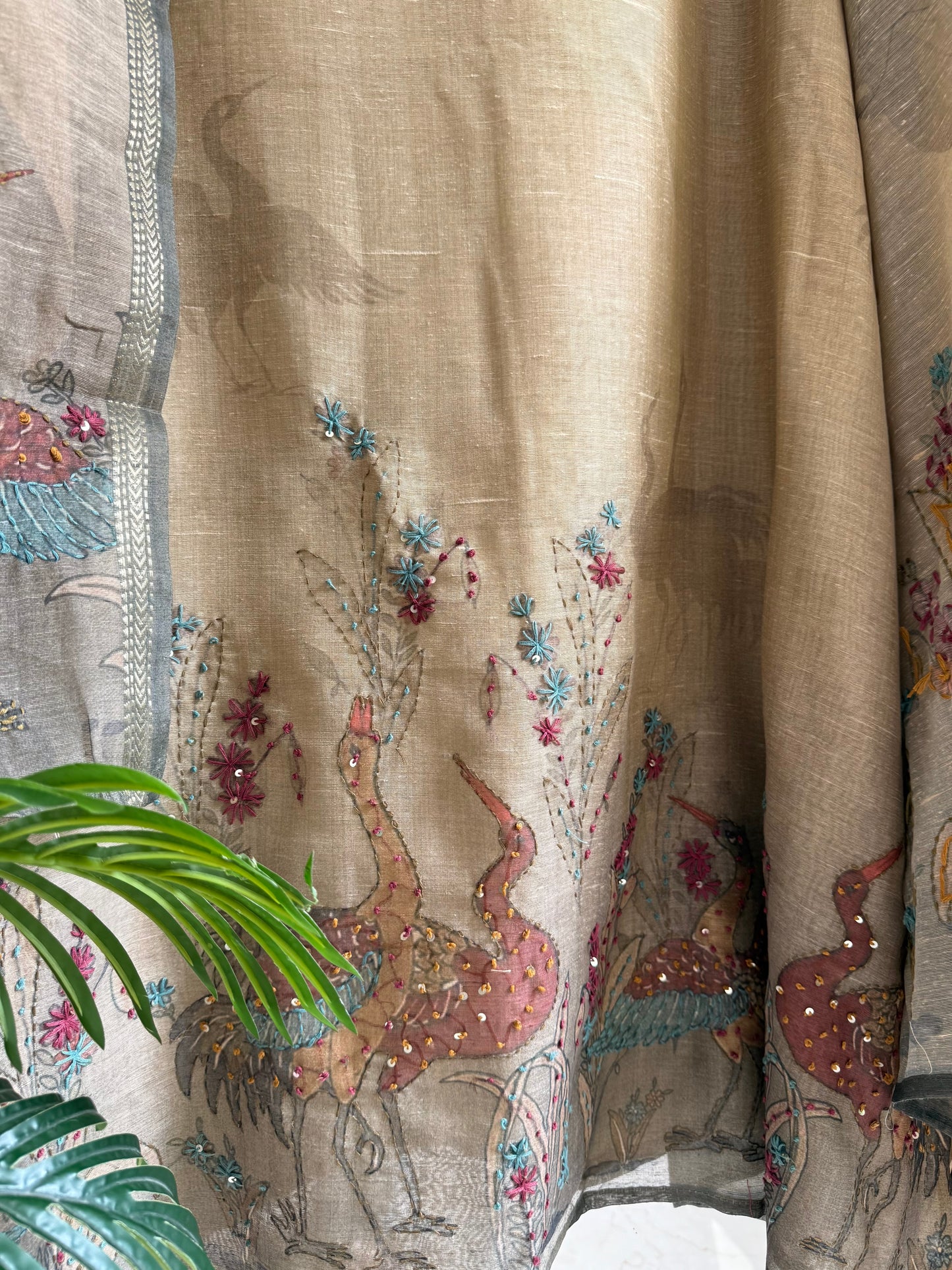 Pure linen birds frenchknot kantha work suit