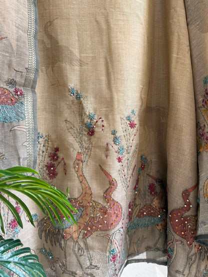 Pure linen birds frenchknot kantha work suit