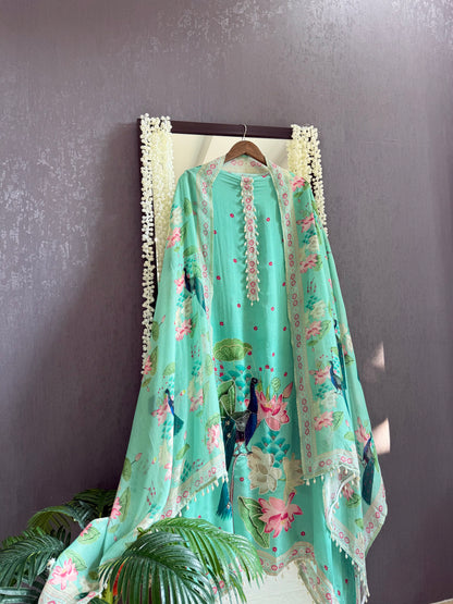 Soft silk peacock hand work suit