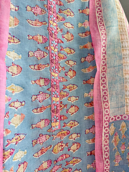 Linen fishes kantha work suit