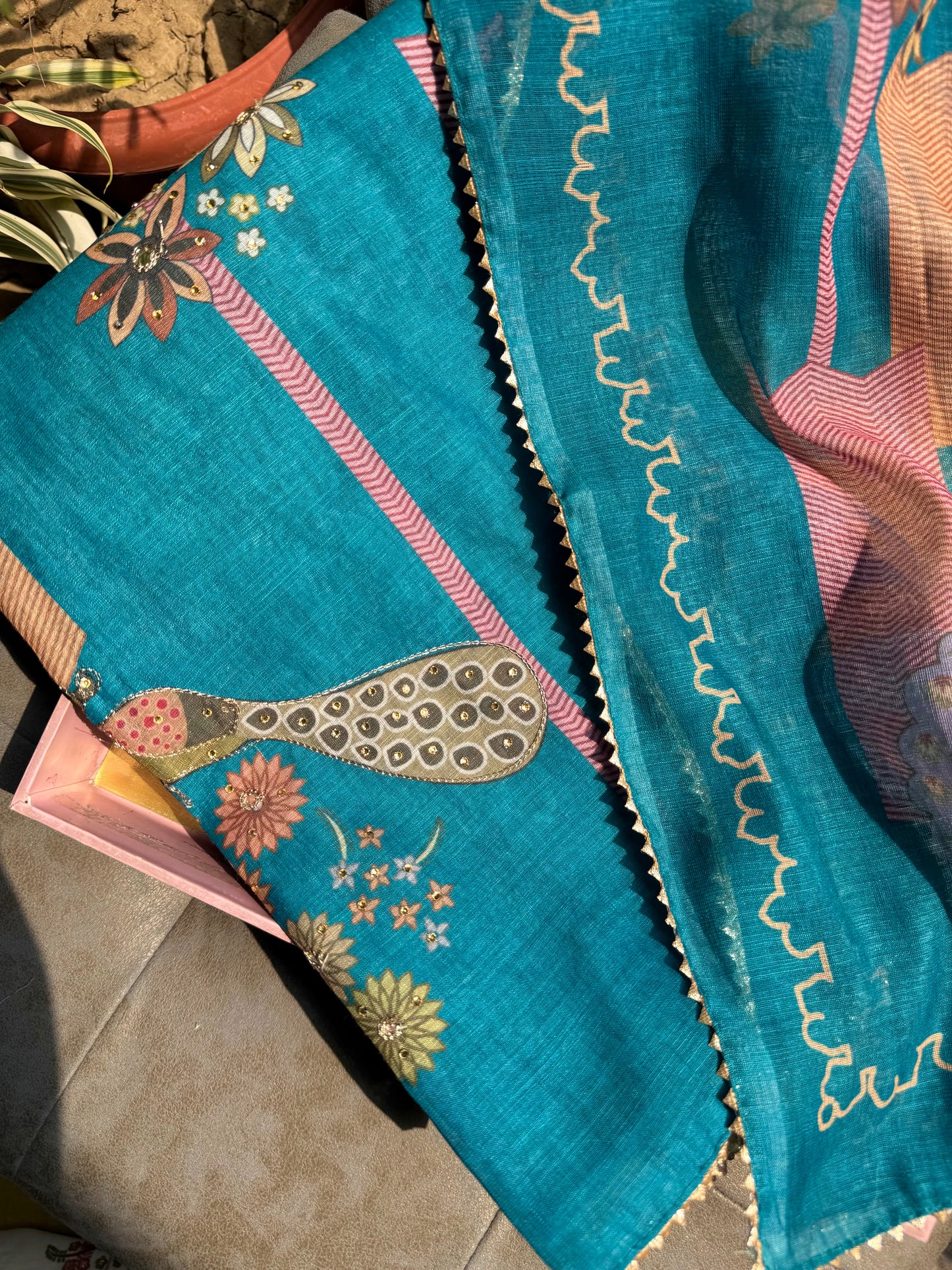Linen peacock handwork suit