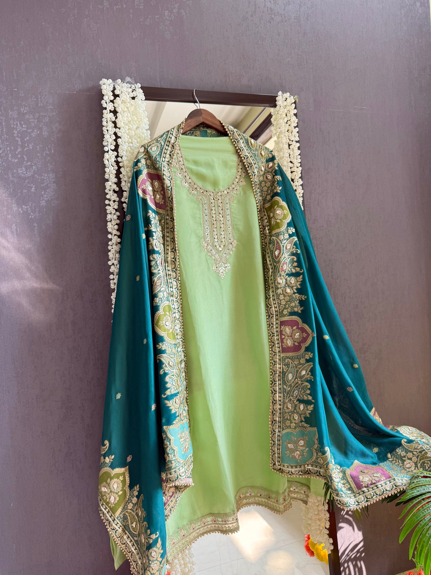 Tissue zari Aari work Meenakari suit