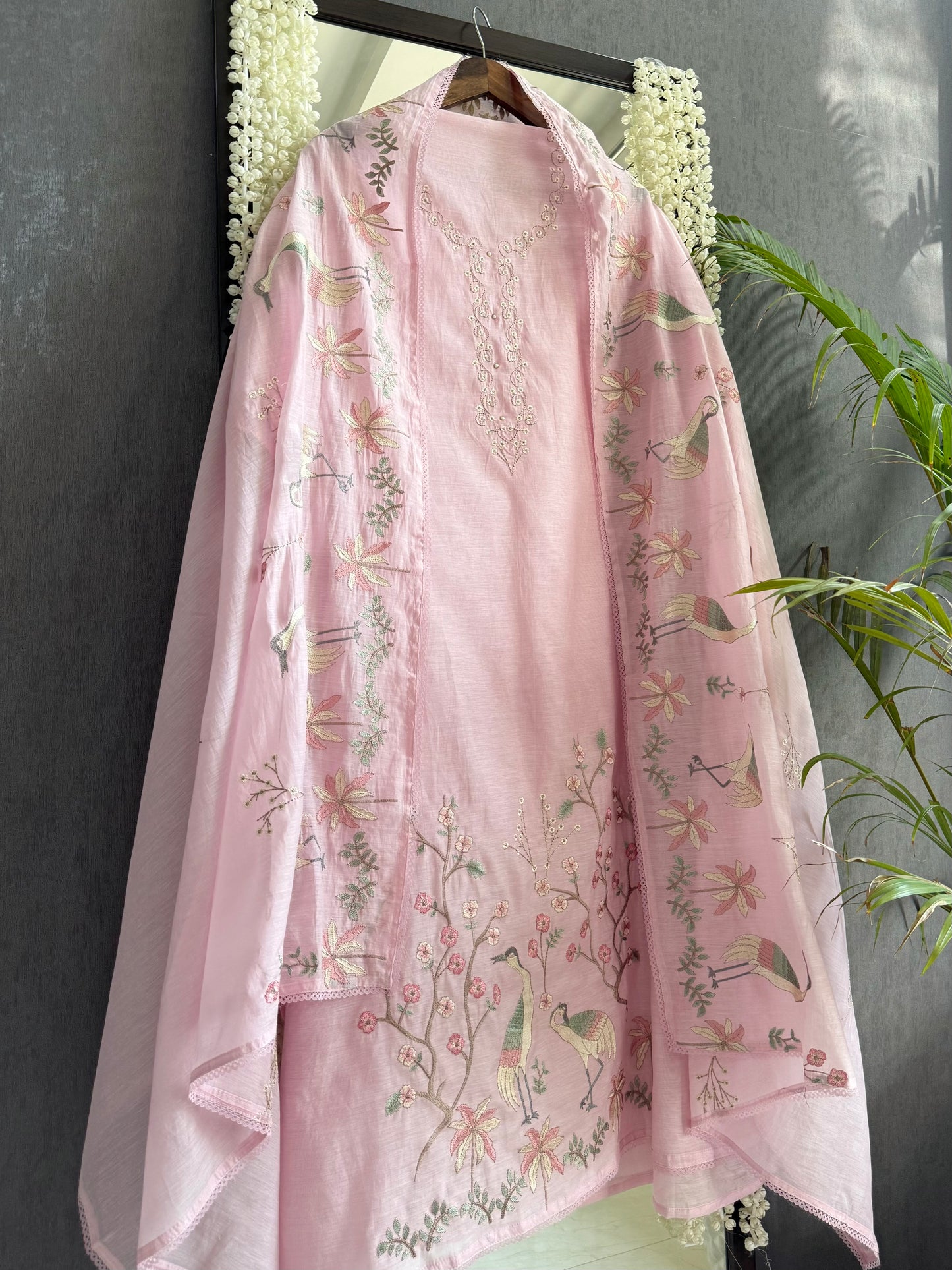 Luxurious Mul chanderi flamingos suit