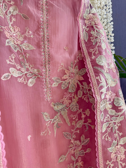 Crush tissue handwork birds and florals suit