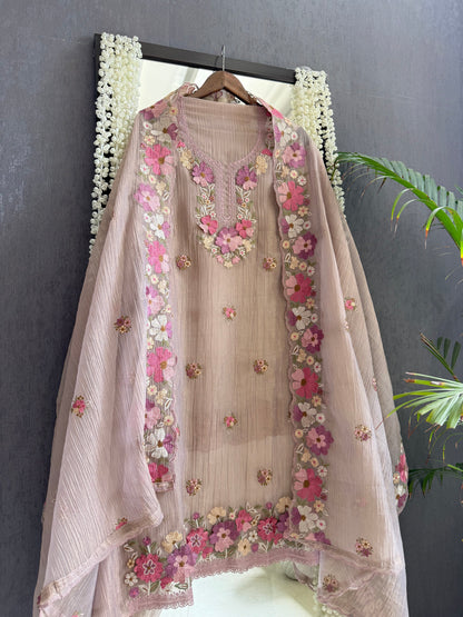 Luxurious Mul chanderi appliqué work floral suit