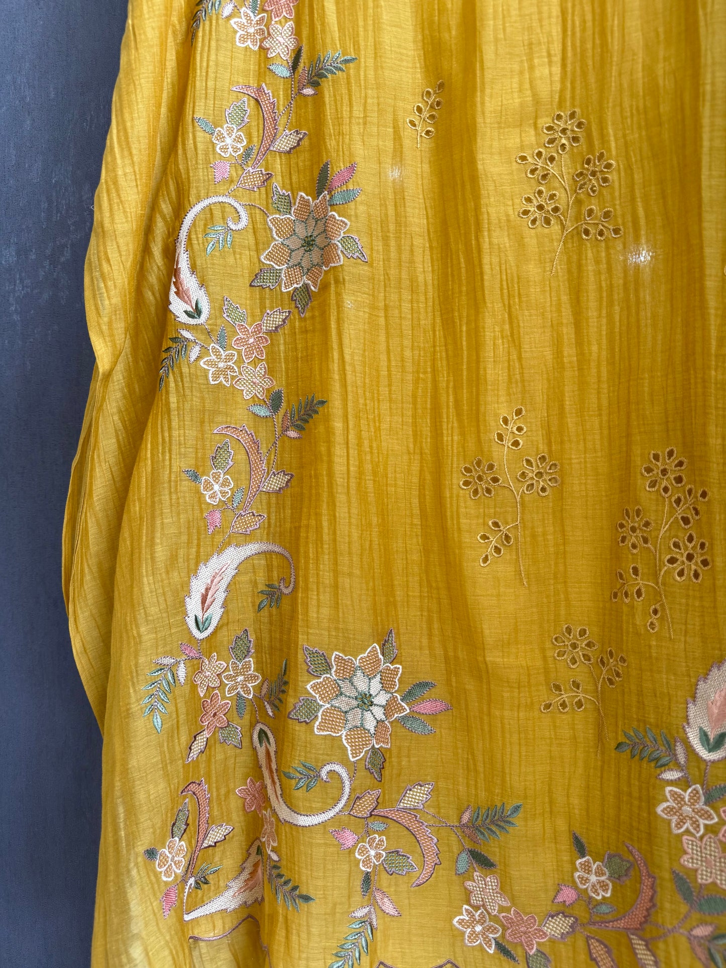 Luxurious Mul chanderi threadwork schiffili suit