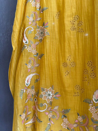 Luxurious Mul chanderi threadwork schiffili suit