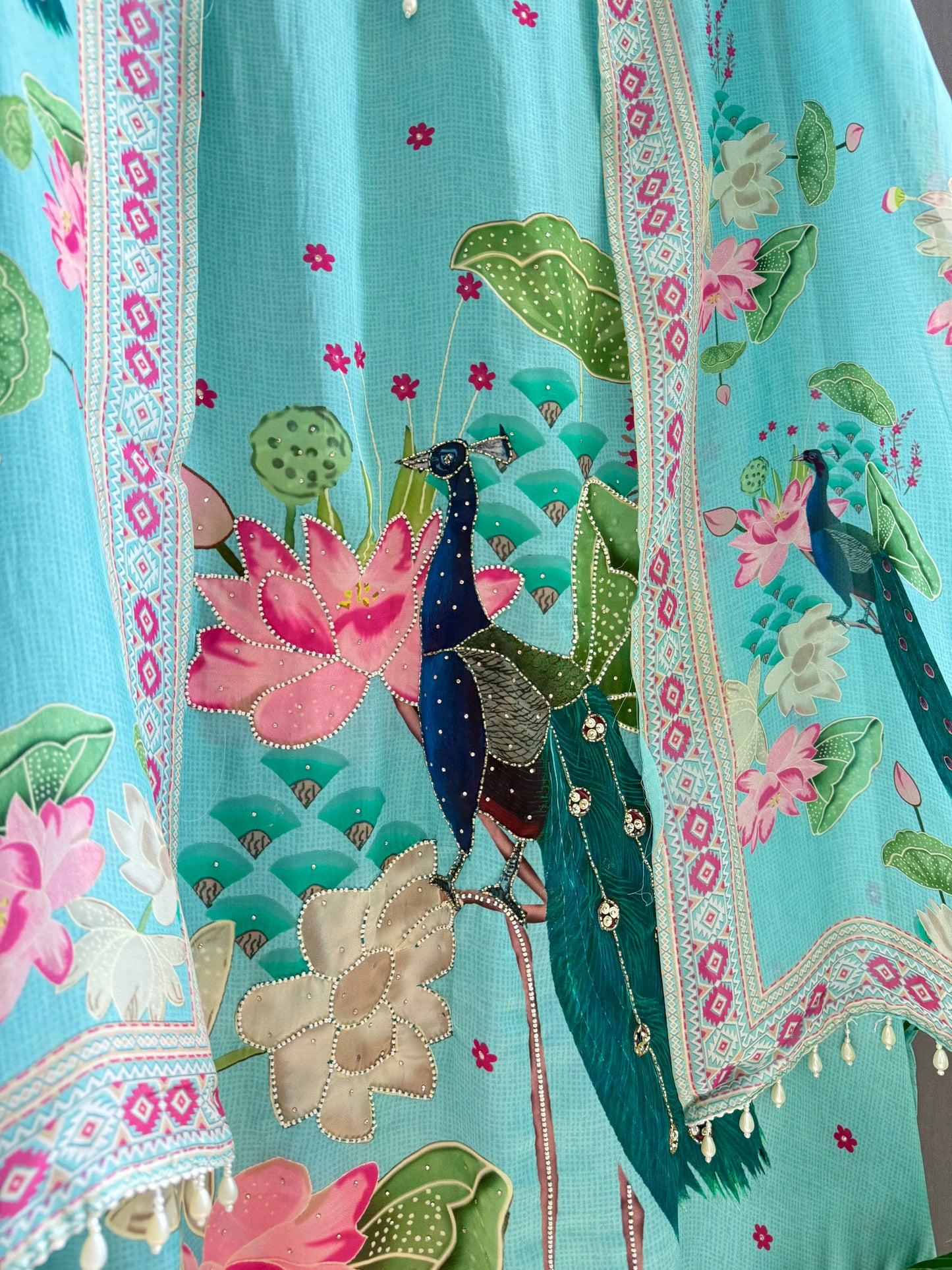 Soft silk peacock hand work suit