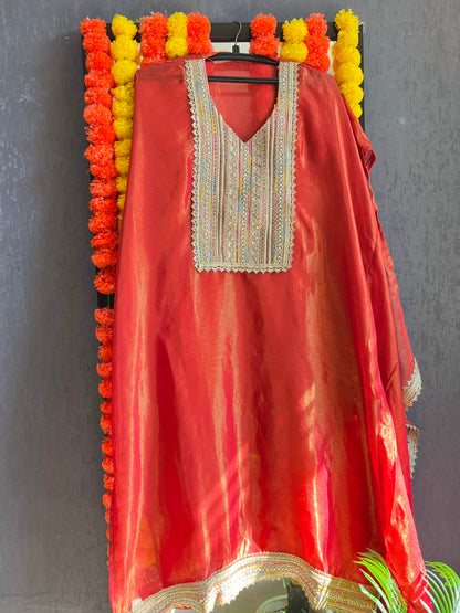 Luxurious zari woven tissue silk suit