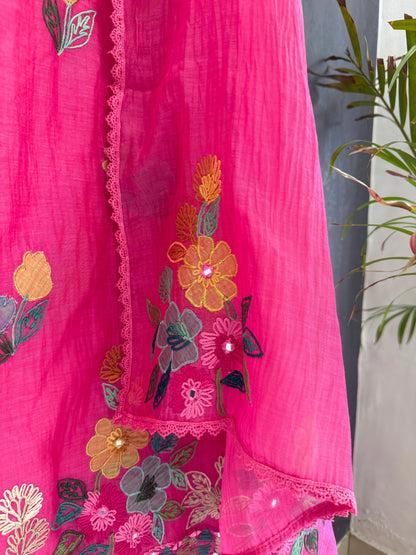 Luxurious Mul chanderi appliqué mirror work suit