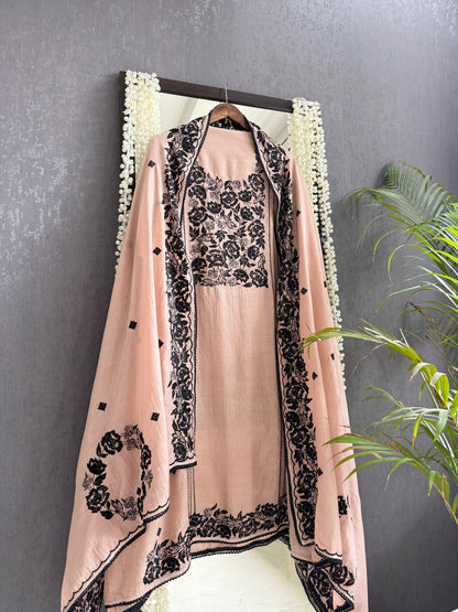 Luxurious Mul chanderi Parsi work florals suit
