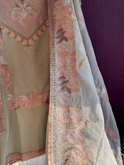 Premium tissue linen silk hand embroidered suit