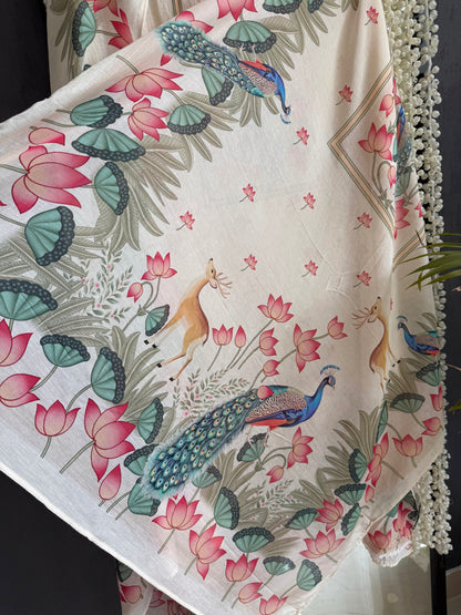 Mulmul cotton deers peacock handwork suit