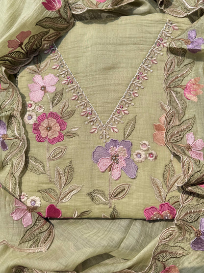 Luxurious Mul chanderi appliqué work floral suit