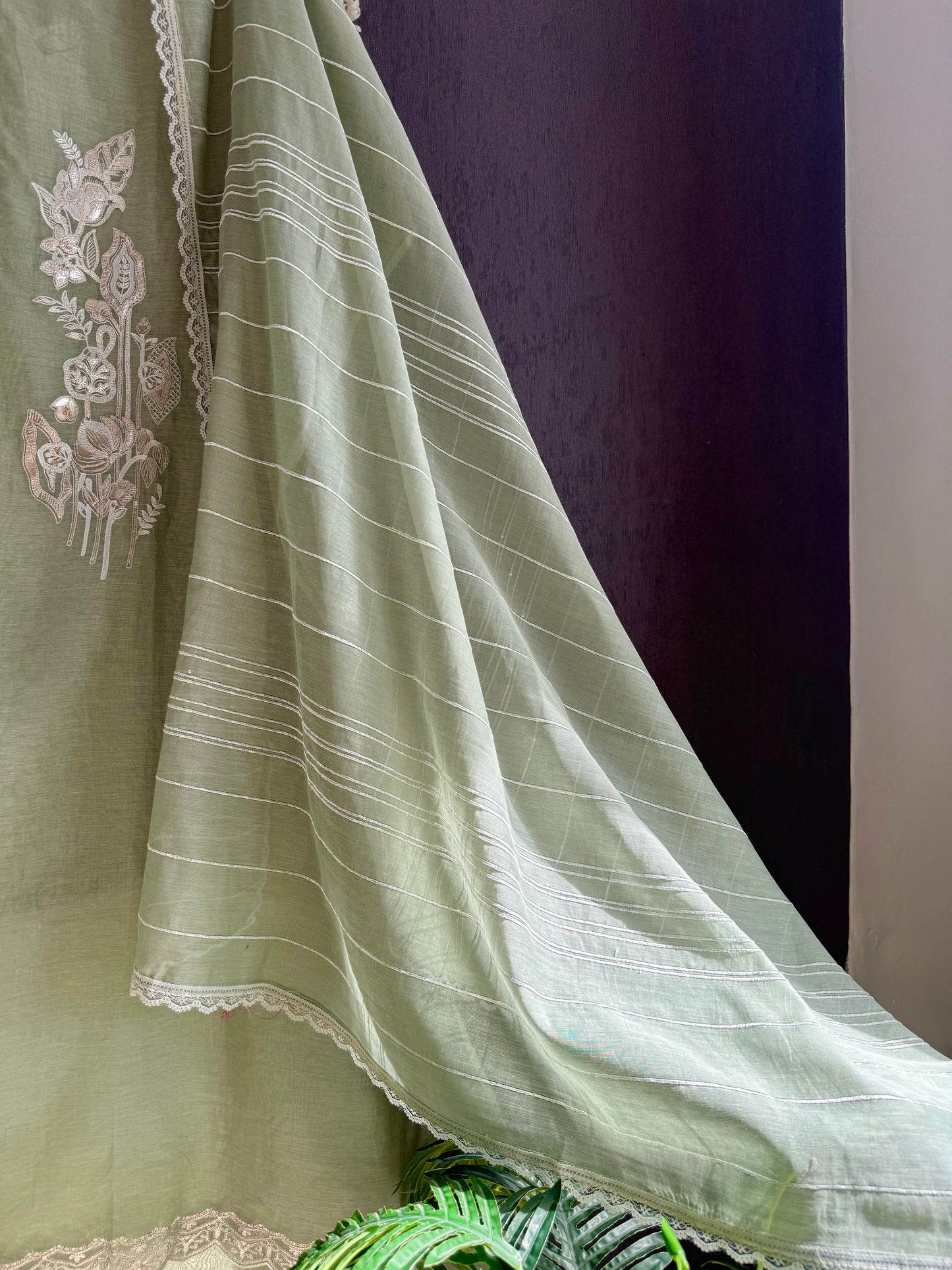 Luxurious Mul chanderi gold appliqué work suit