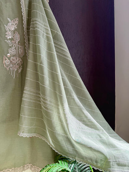 Luxurious Mul chanderi gold appliqué work suit