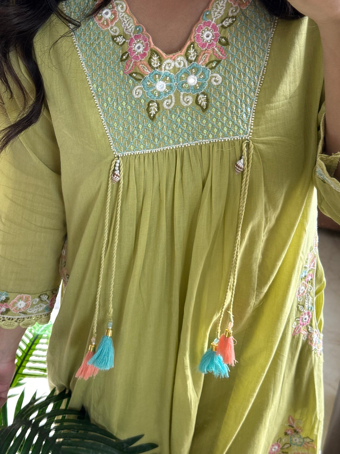 Premium mul cotton embroidered handwork Aline suit