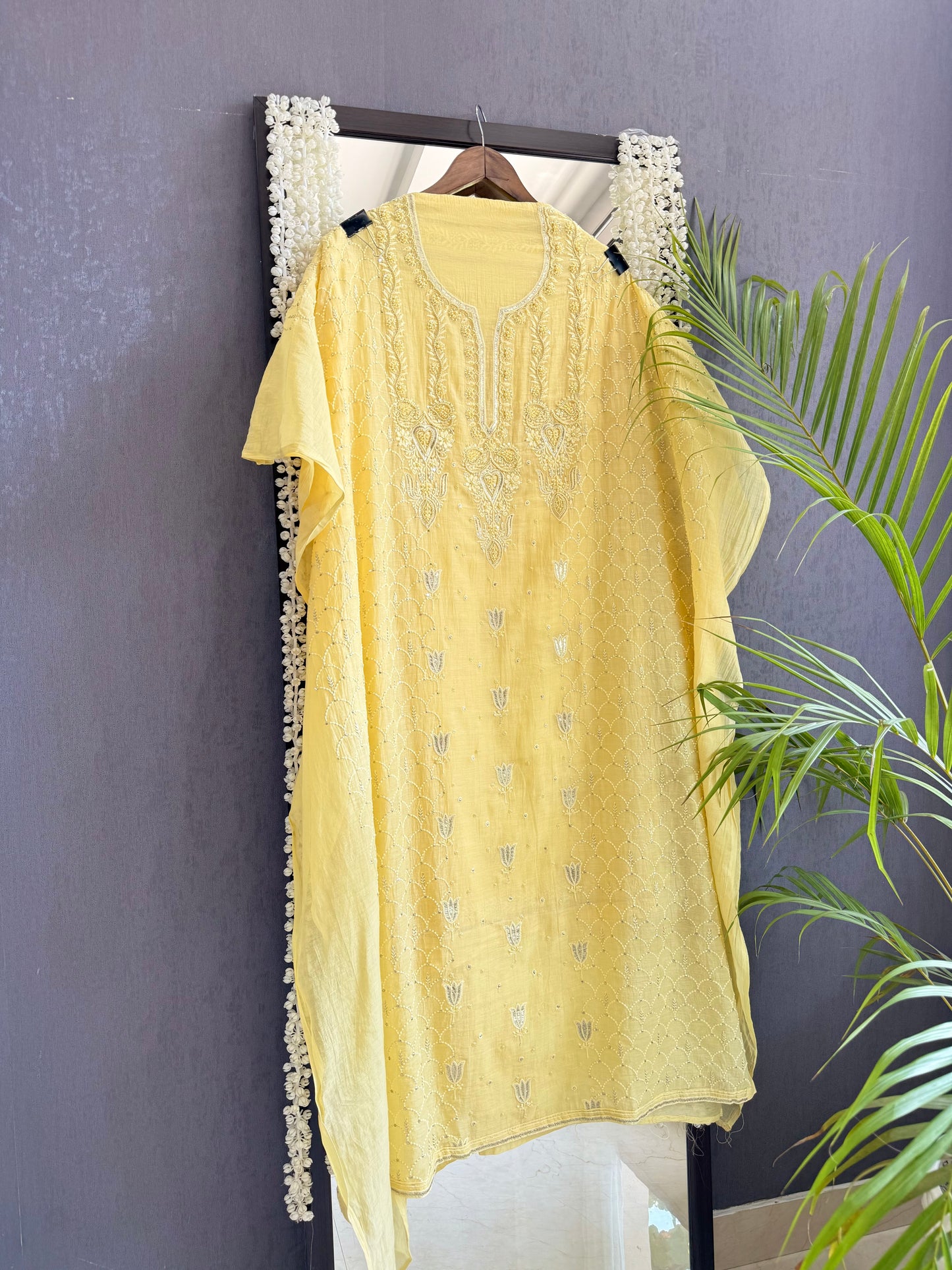 Luxurious Mul chanderi lucknowi tulip and hearts suit