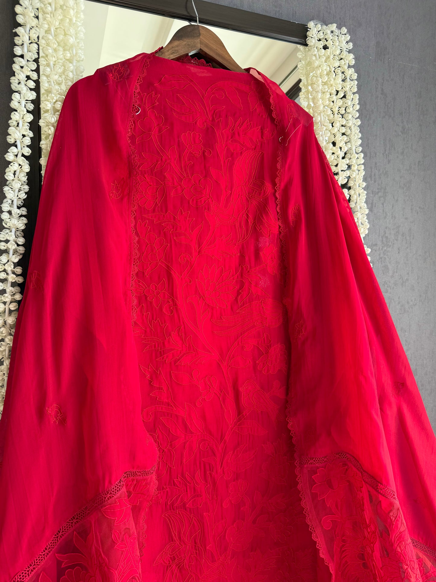 Luxurious organza appliqué work birds suit