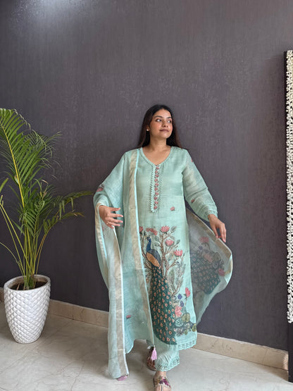 Linen peacock kurta set