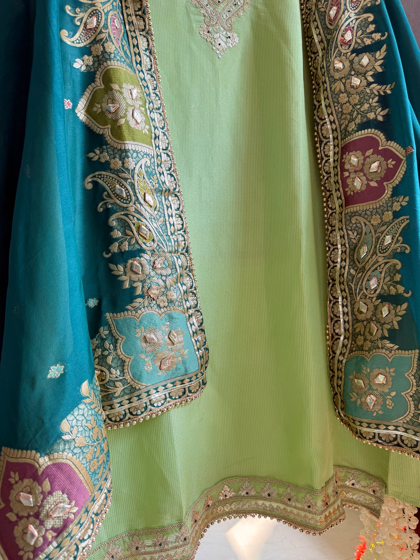 Tissue zari Aari work Meenakari suit
