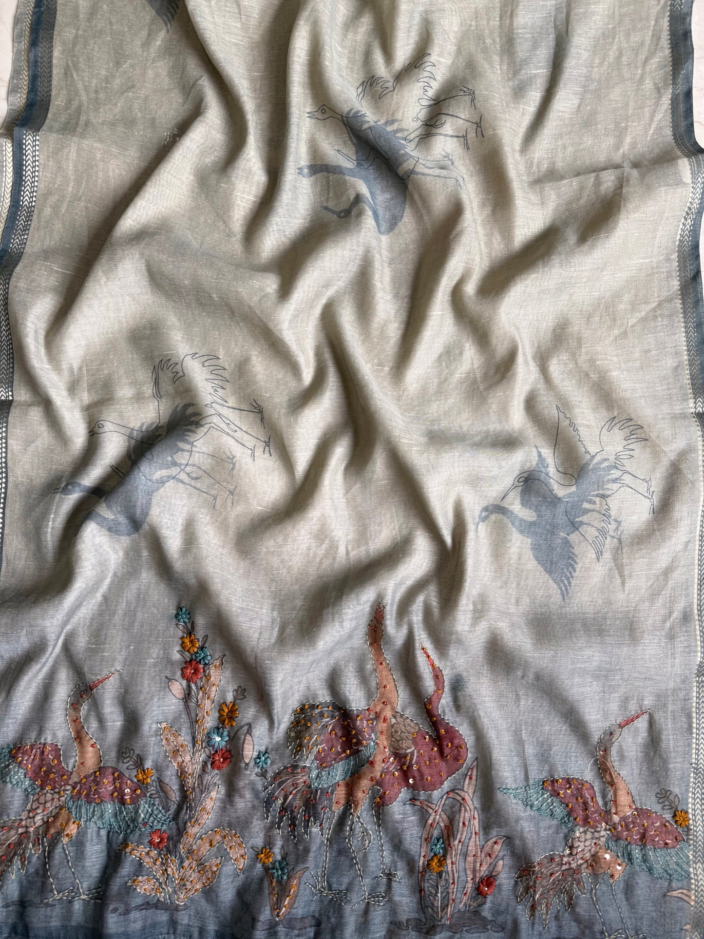 Pure linen birds frenchknot kantha work suit