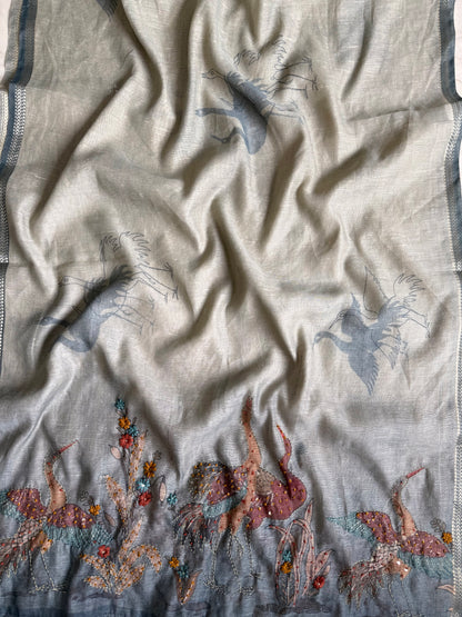 Pure linen birds frenchknot kantha work suit