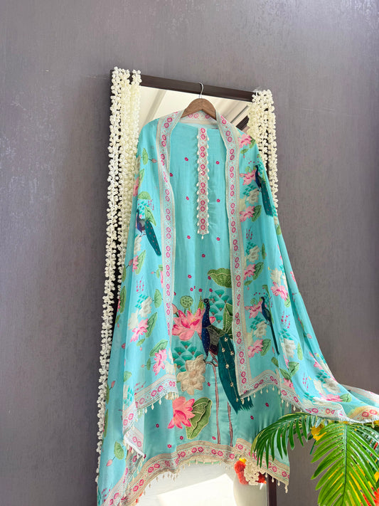 Soft silk peacock hand work suit