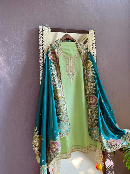 Tissue zari Aari work Meenakari suit