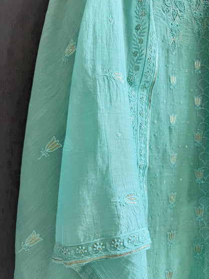 Luxurious Mul chanderi lucknowi lotus and hearts suit