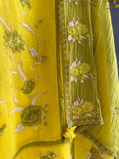 Luxurious Mul chanderi appliqué floral suit