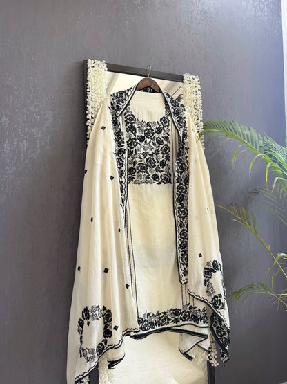Luxurious Mul chanderi Parsi work florals suit