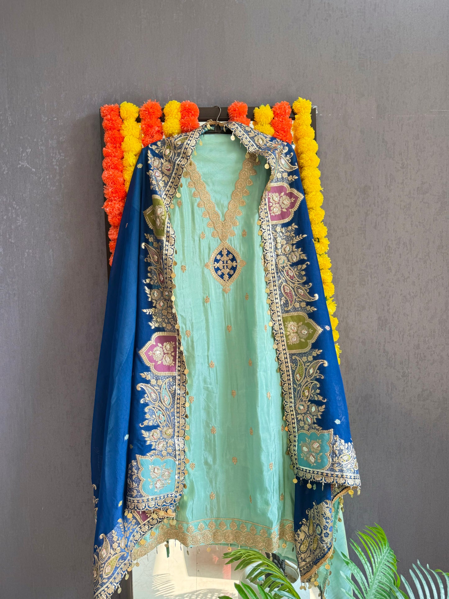 Tissue silk Aari work Meenakari suit