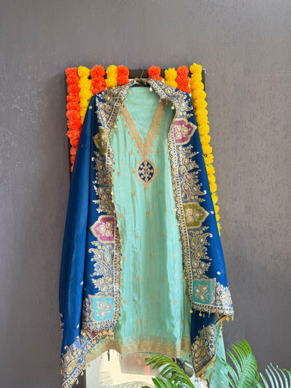 Tissue silk Aari work Meenakari suit