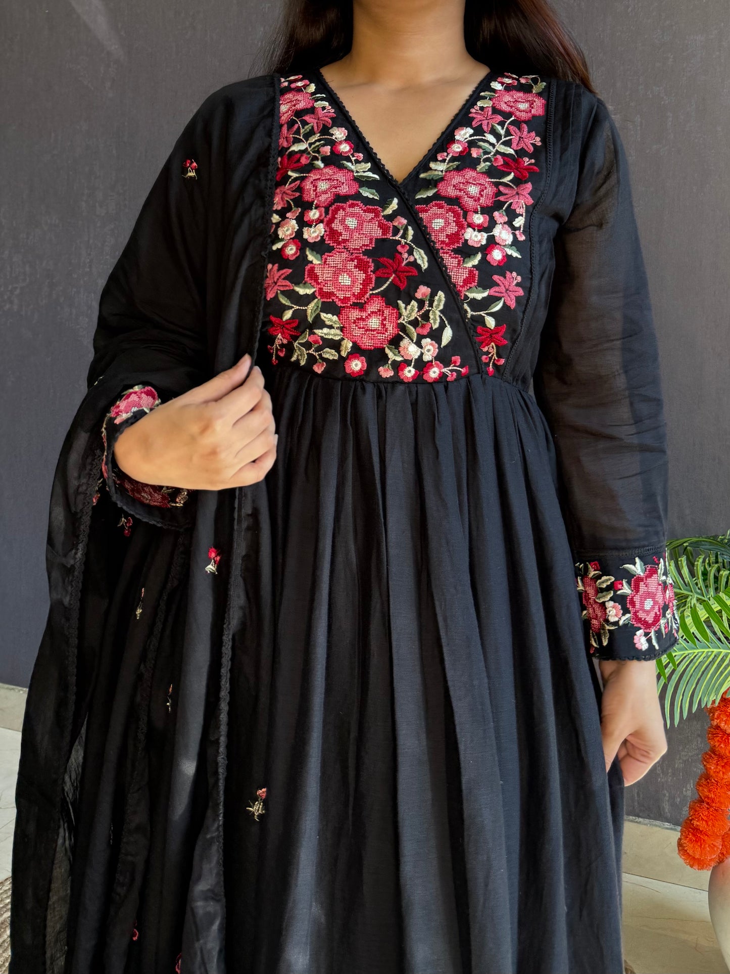 Mal cotton roses embroidered Anarkali