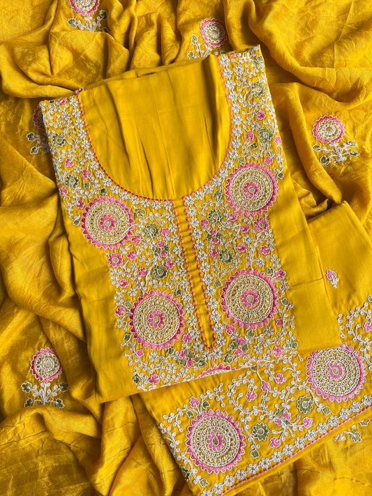 Satin Aari work unstitched suits