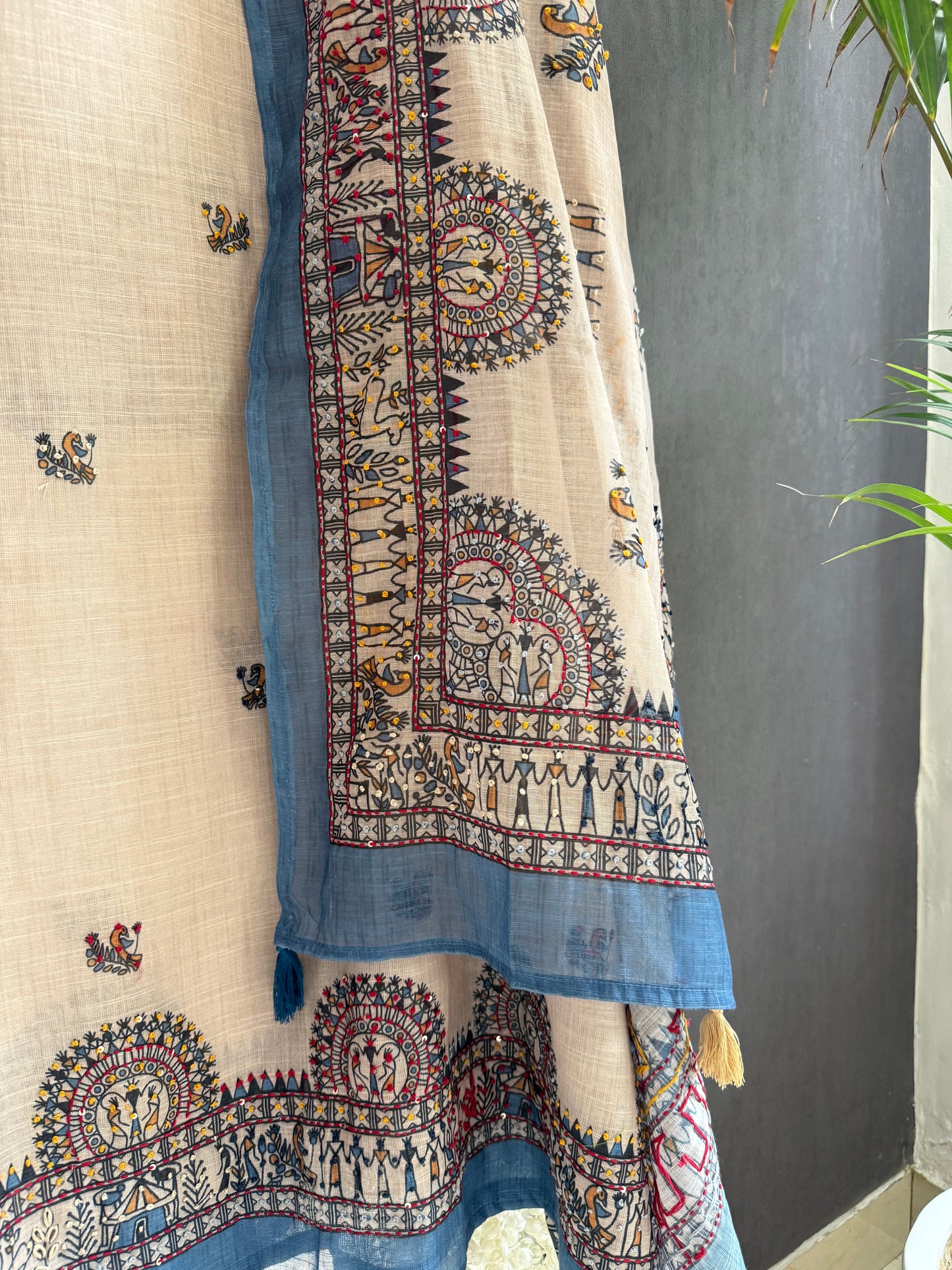 Linen worli art  Kantha work suit
