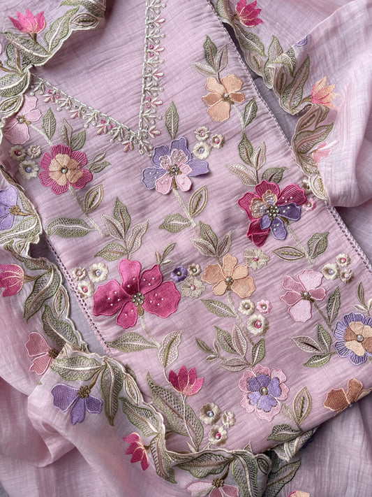 Luxurious Mul chanderi appliqué work floral suit
