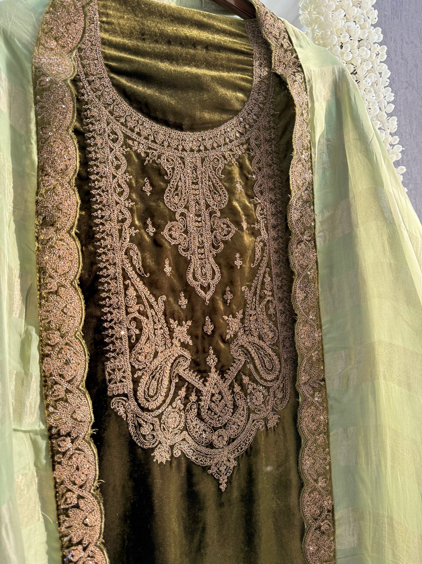 Velvet brocade marori aari work suit