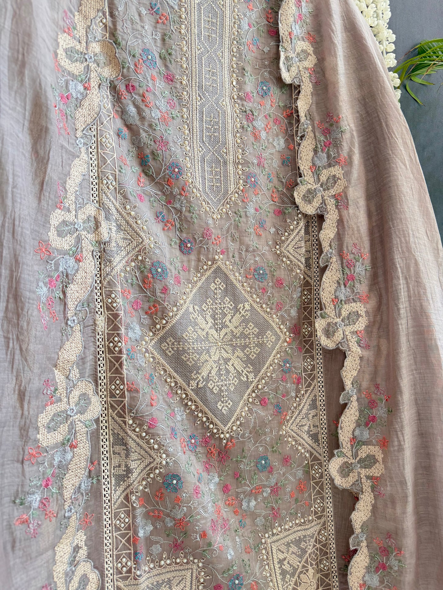 Luxurious Mul chanderi bow crossstitch suit