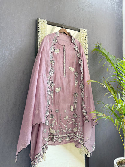 Luxurious Mul chanderi aqua shells suit