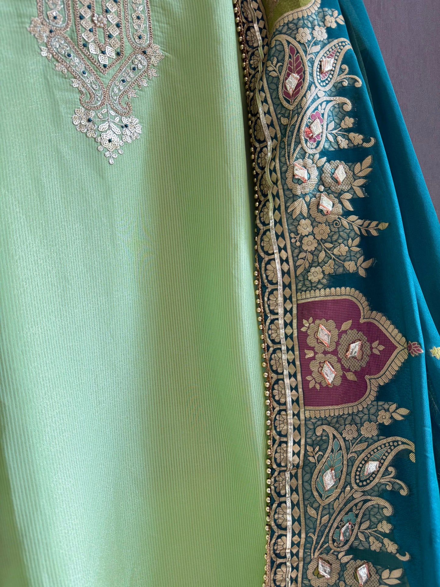 Tissue zari Aari work Meenakari suit