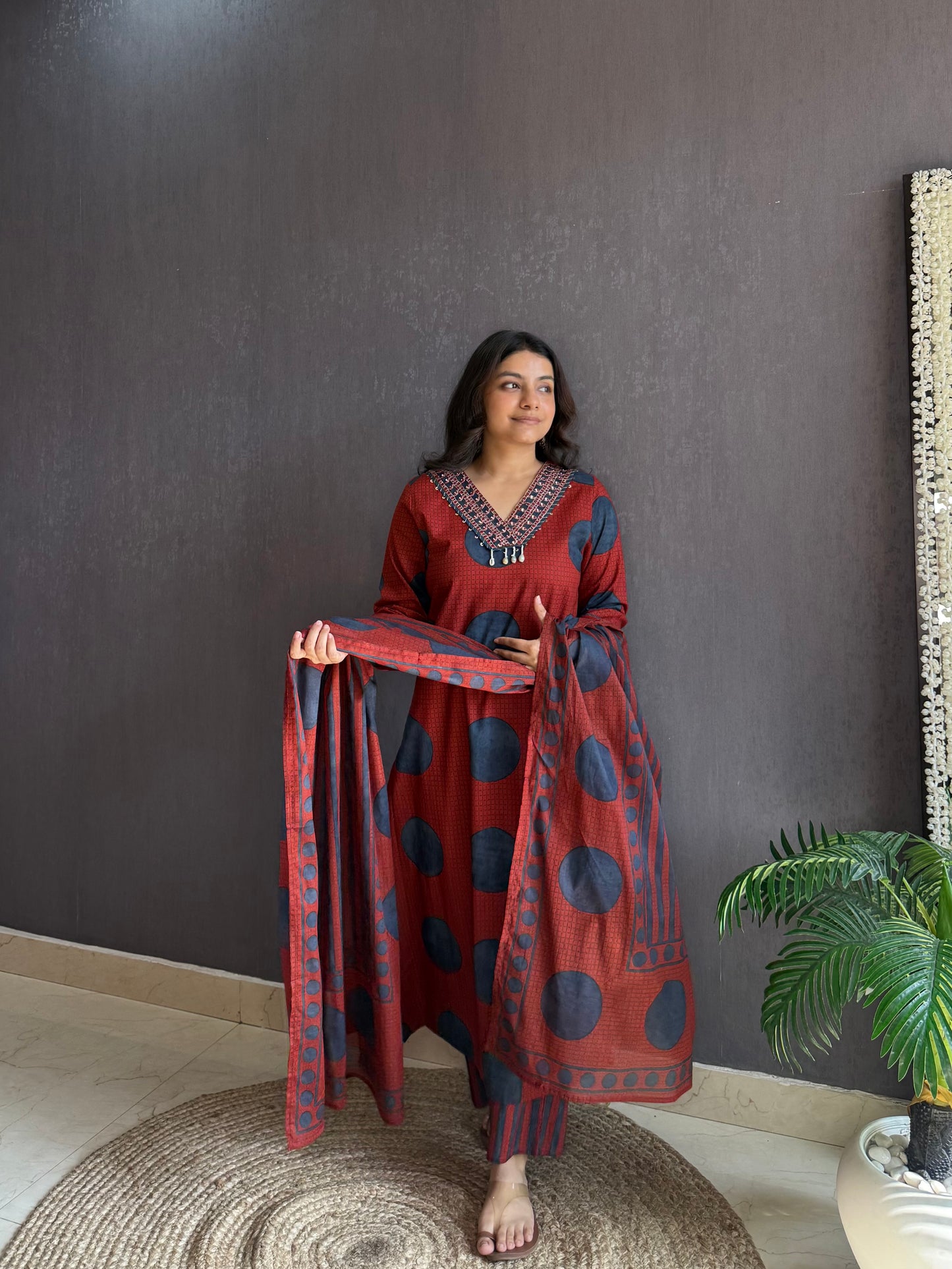 Pure cotton Ajrakh polka dots suit set