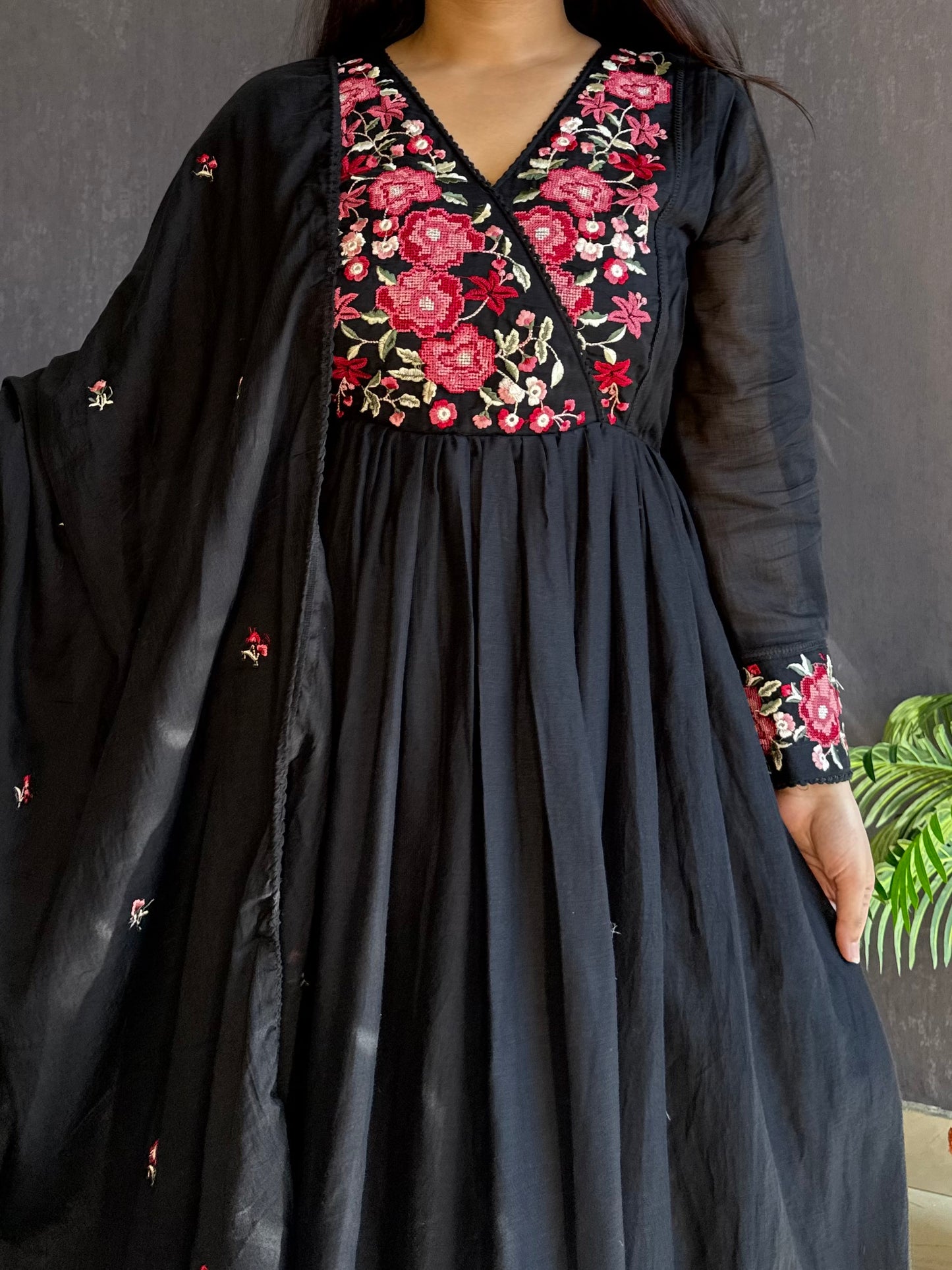 Mal cotton roses embroidered Anarkali