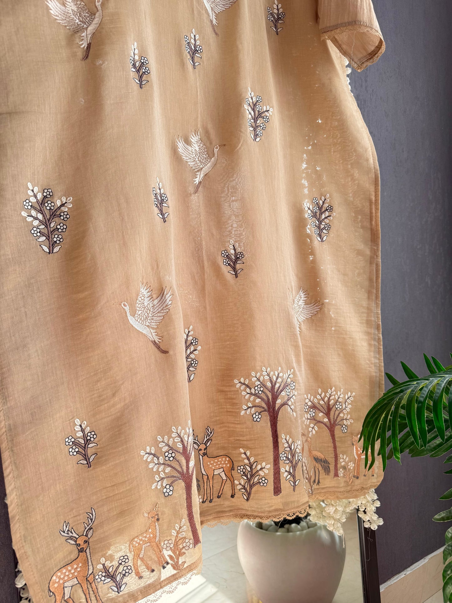 Luxurious Mul chanderi deers swans suit