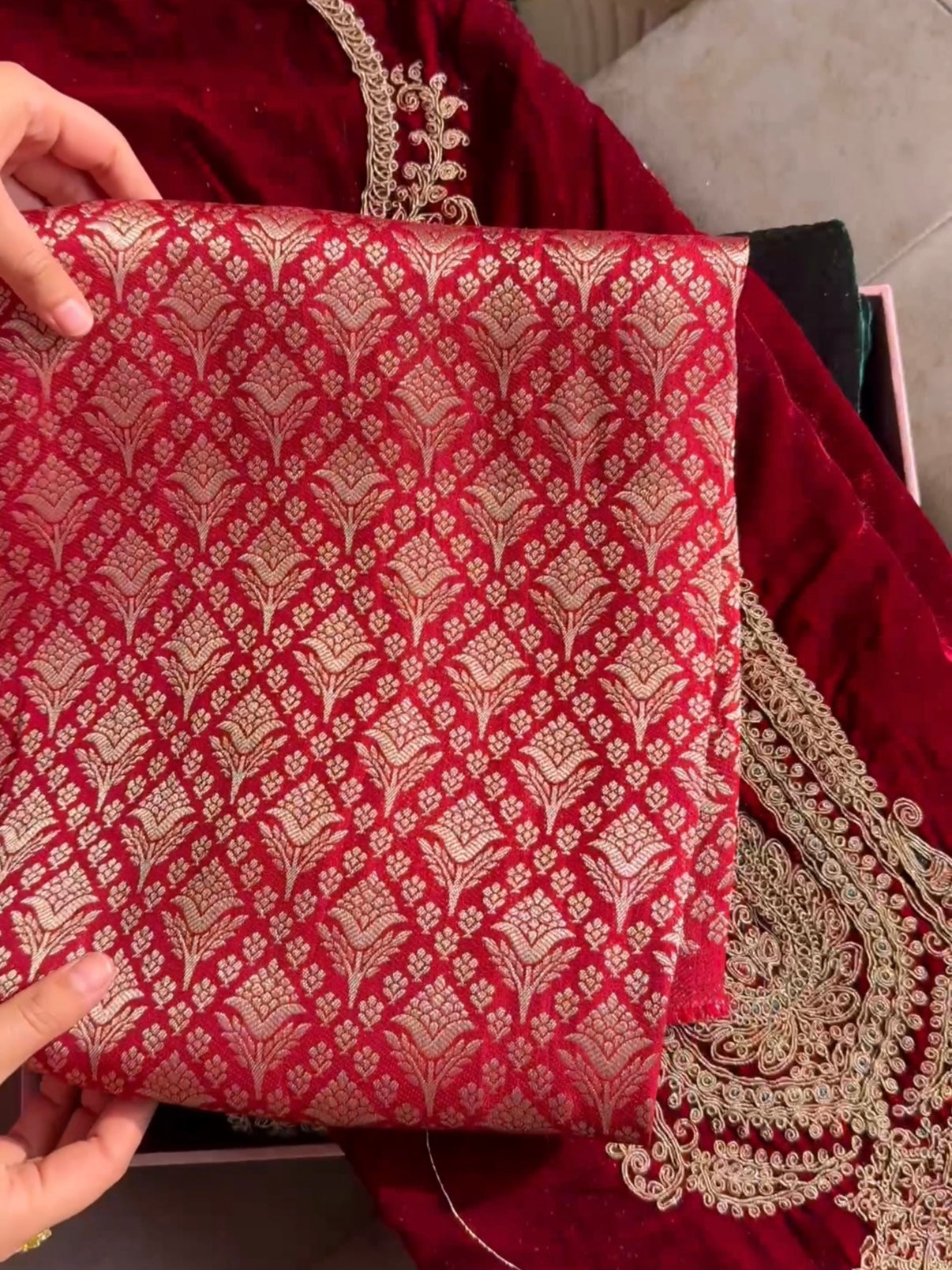 Velvet brocade marori aari work suit