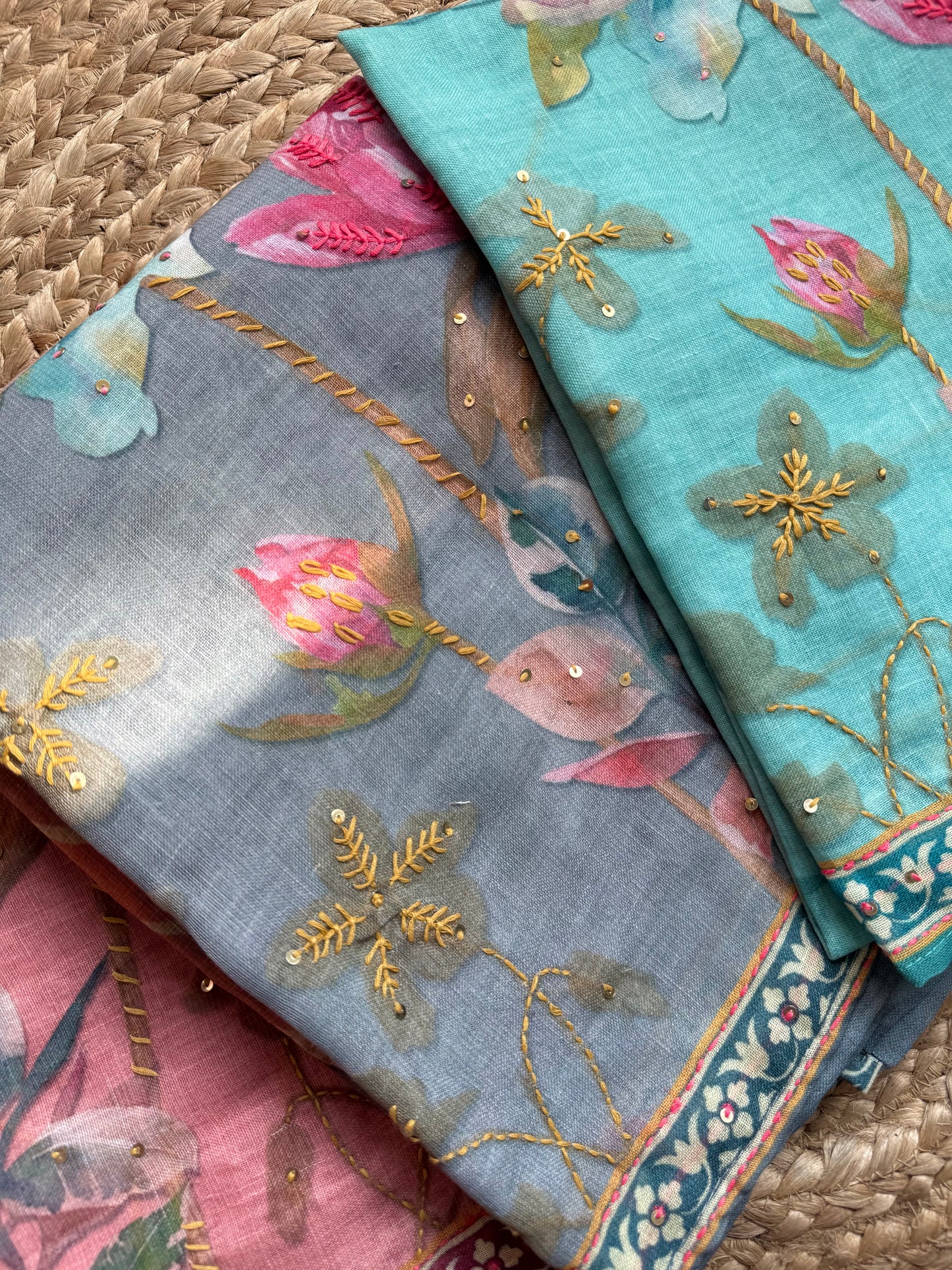 Pure linen lotus kantha work suit